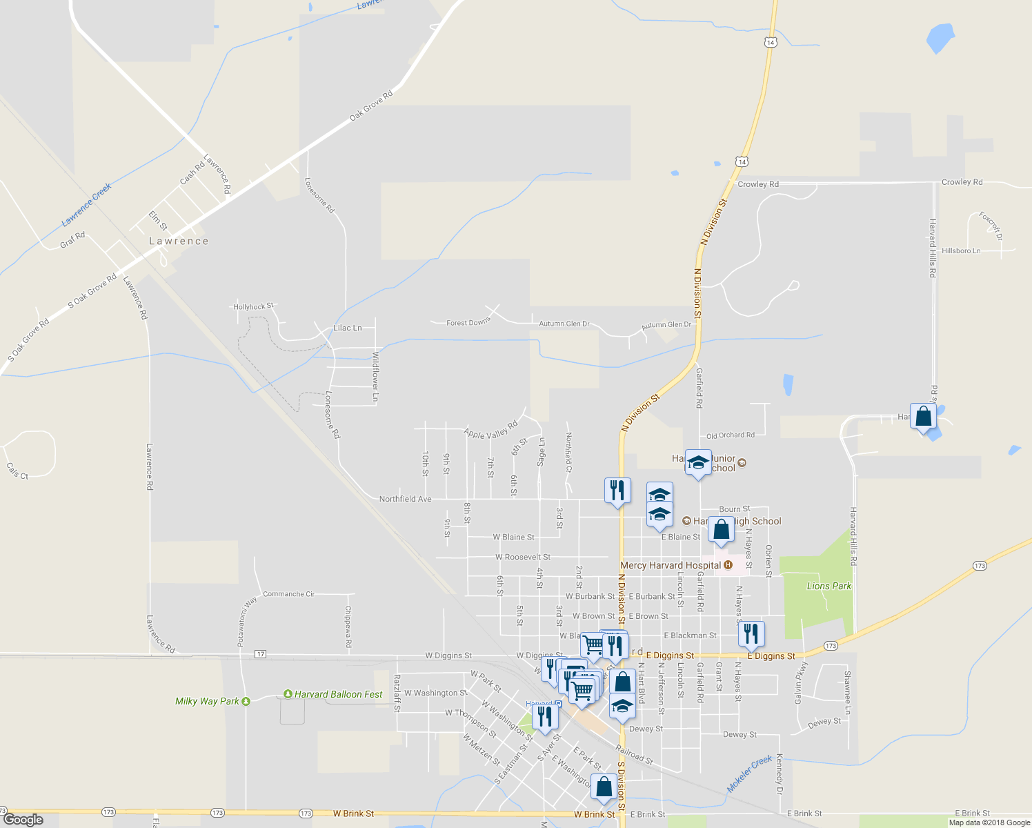 map of restaurants, bars, coffee shops, grocery stores, and more near 519 Apple Valley Road in Harvard