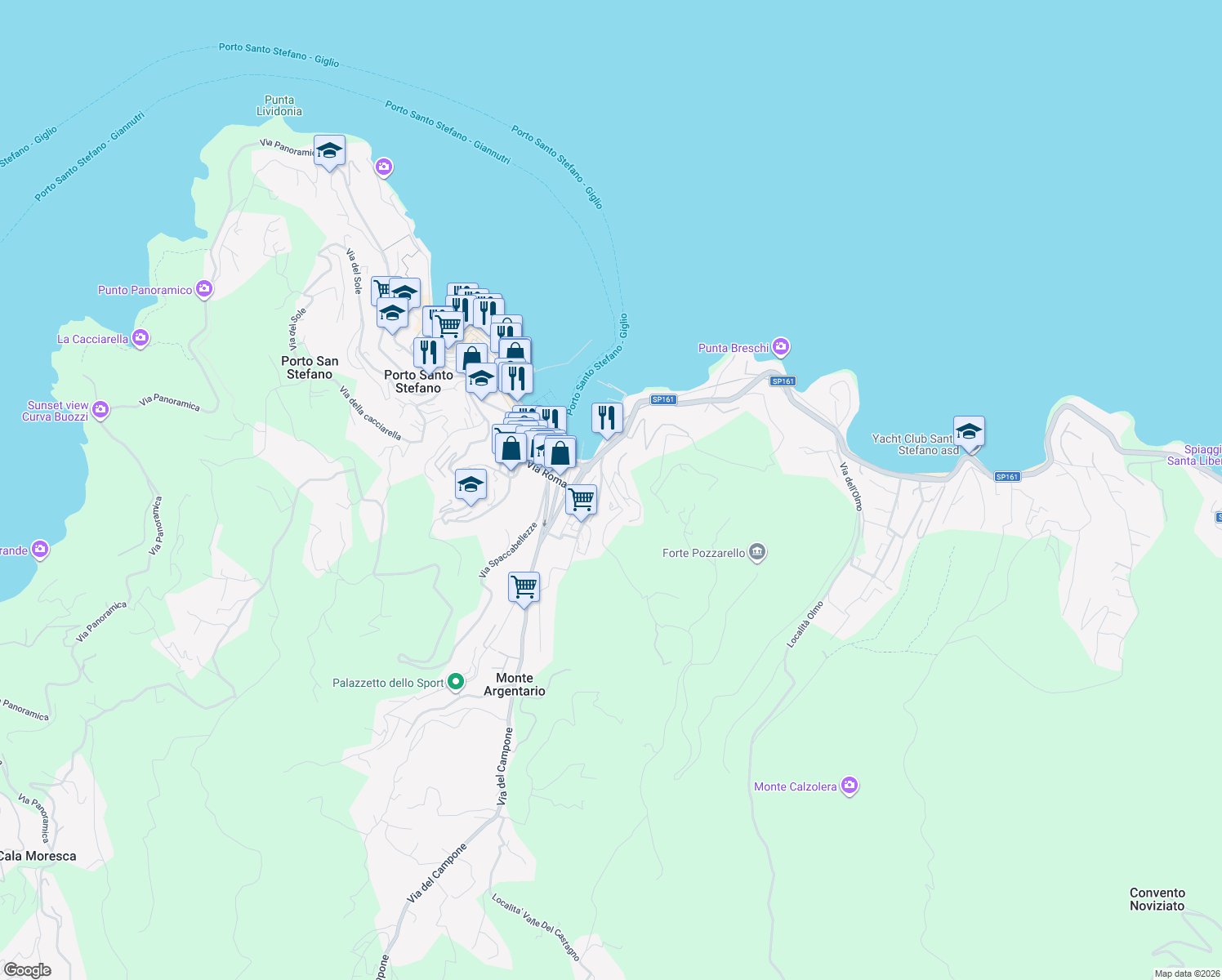 map of restaurants, bars, coffee shops, grocery stores, and more near 35B Via delle Fornaci in Porto Santo Stefano