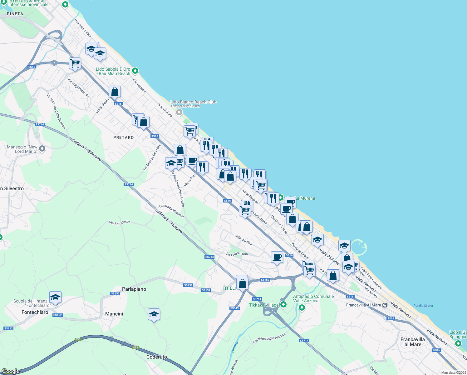 map of restaurants, bars, coffee shops, grocery stores, and more near 2D Via Monte Corno in Francavilla al Mare