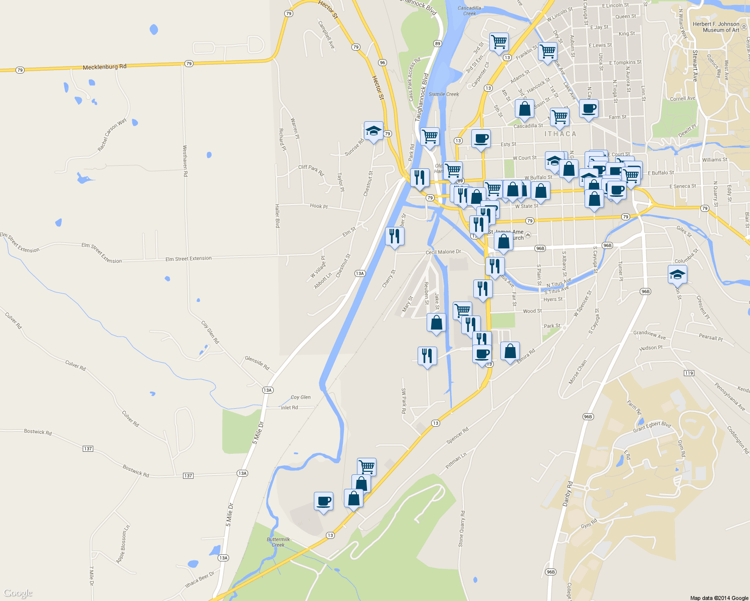 map of restaurants, bars, coffee shops, grocery stores, and more near 298 Cherry St in Ithaca