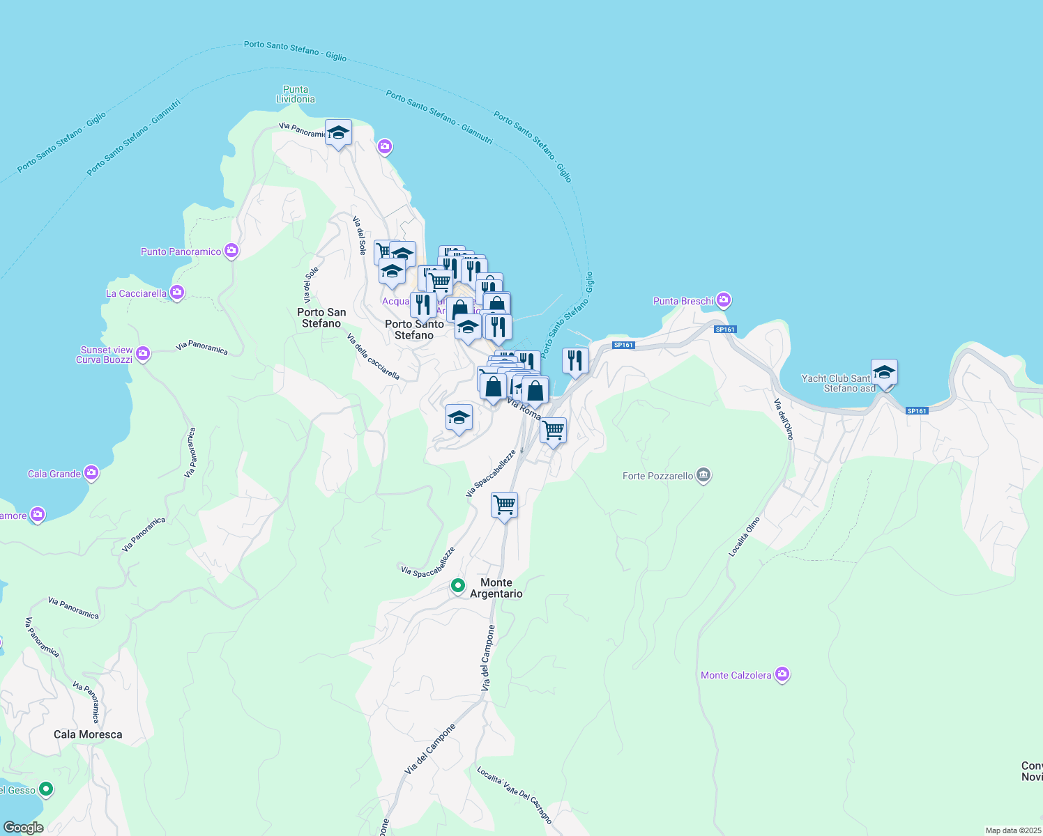 map of restaurants, bars, coffee shops, grocery stores, and more near 38 Via Spaccabellezze in Porto Santo Stefano