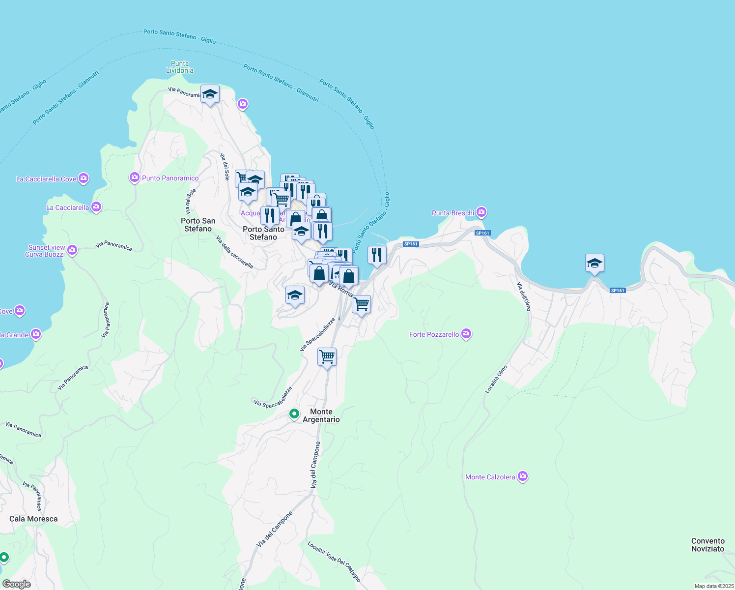 map of restaurants, bars, coffee shops, grocery stores, and more near 25A Via Sant'Andrea in Porto Santo Stefano