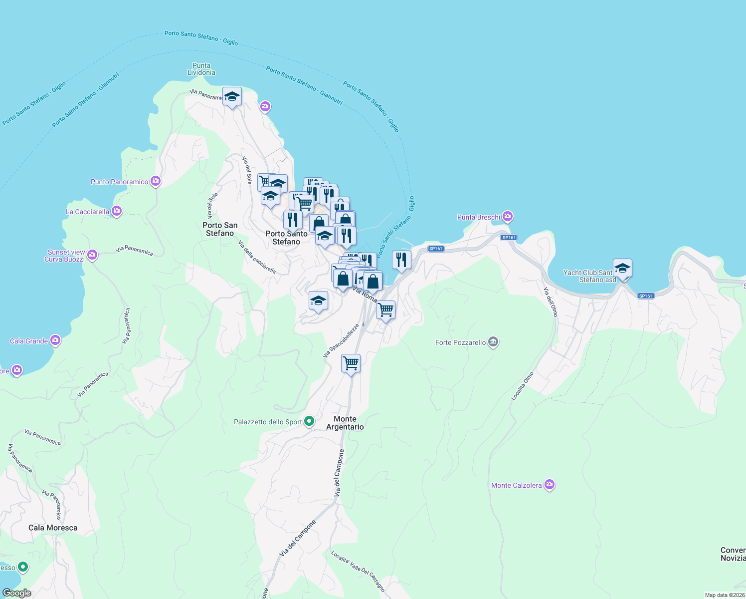 map of restaurants, bars, coffee shops, grocery stores, and more near 17 Via Spaccabellezze in Porto Santo Stefano