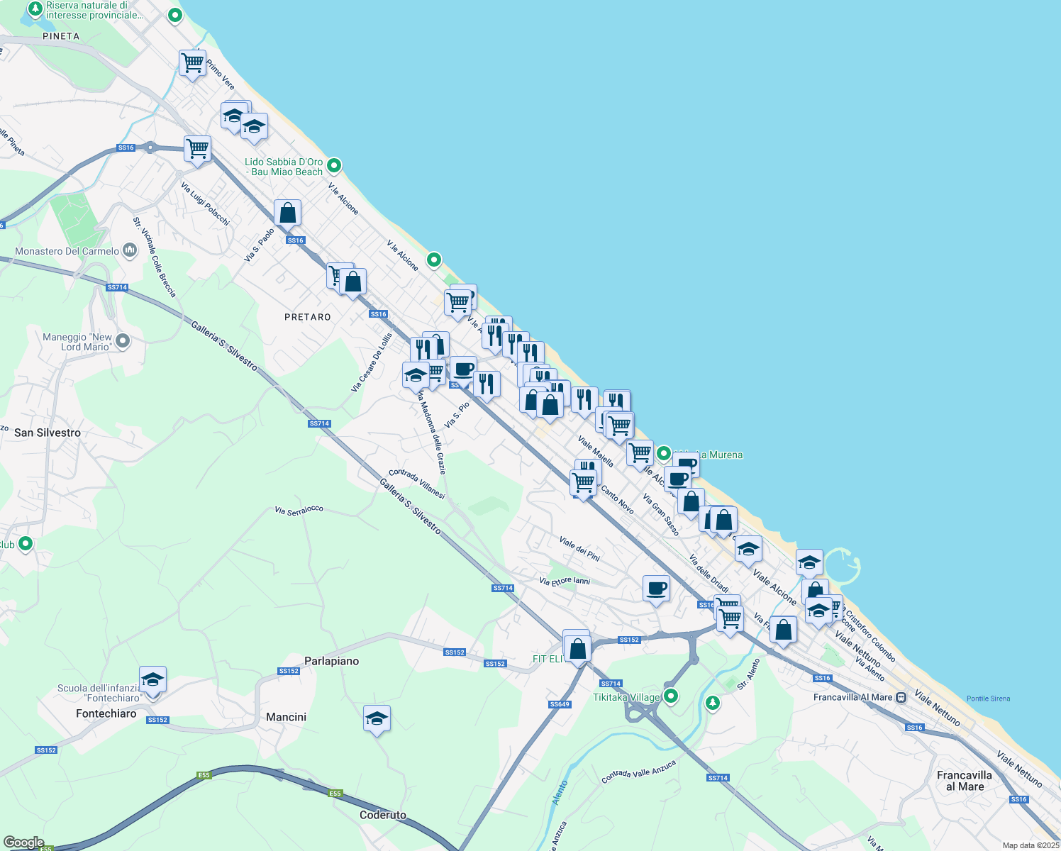 map of restaurants, bars, coffee shops, grocery stores, and more near 100 Via Nazionale Adriatica Nord in Francavilla al Mare
