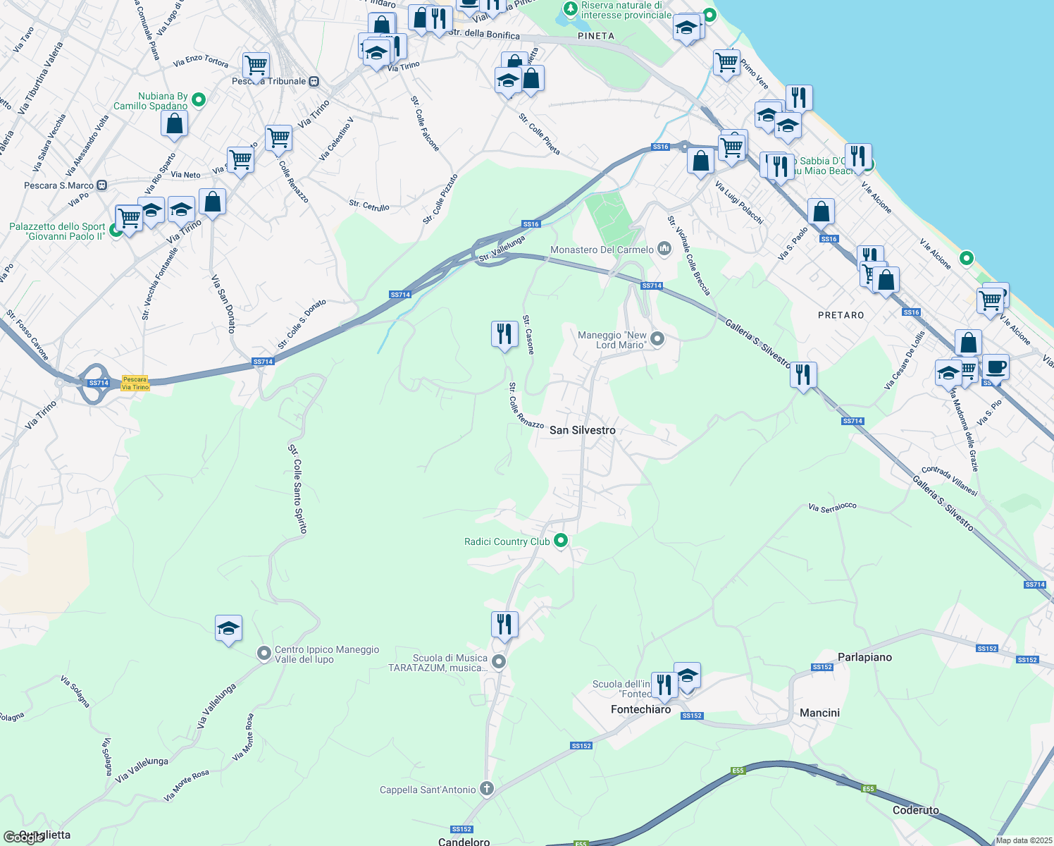 map of restaurants, bars, coffee shops, grocery stores, and more near 146 Strada Colle Renazzo in Provincia di Pescara