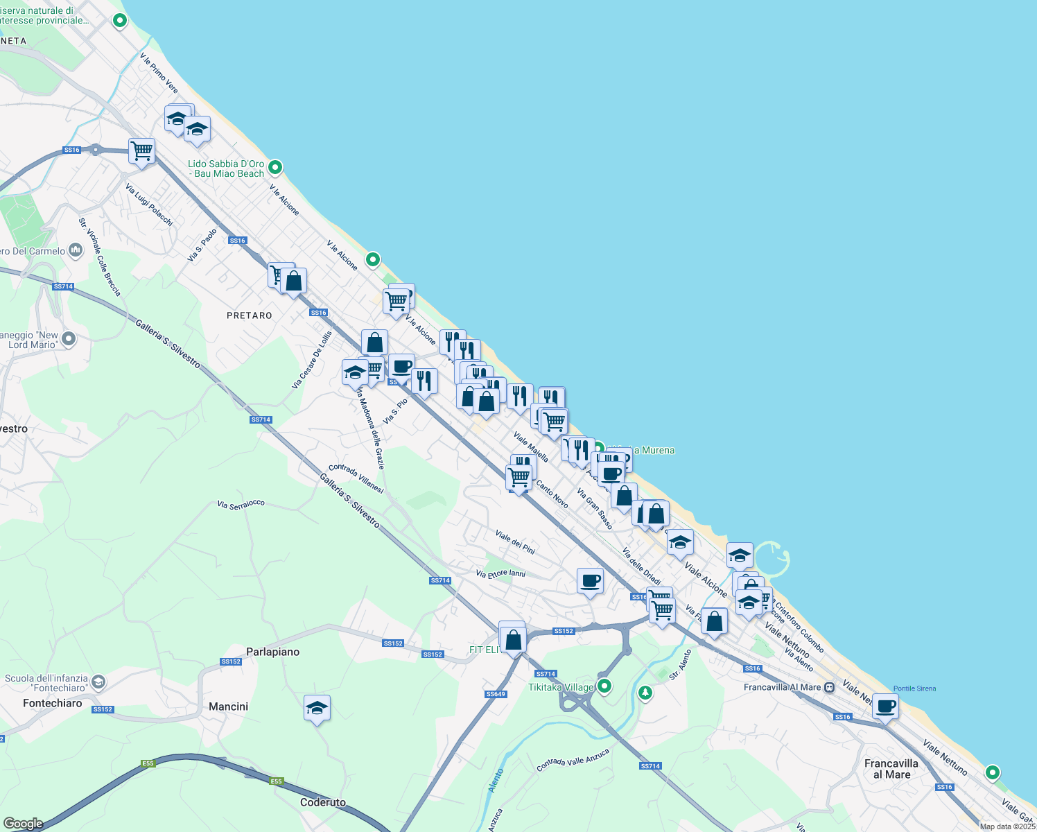 map of restaurants, bars, coffee shops, grocery stores, and more near Viale Alcyone in Francavilla Al Mare