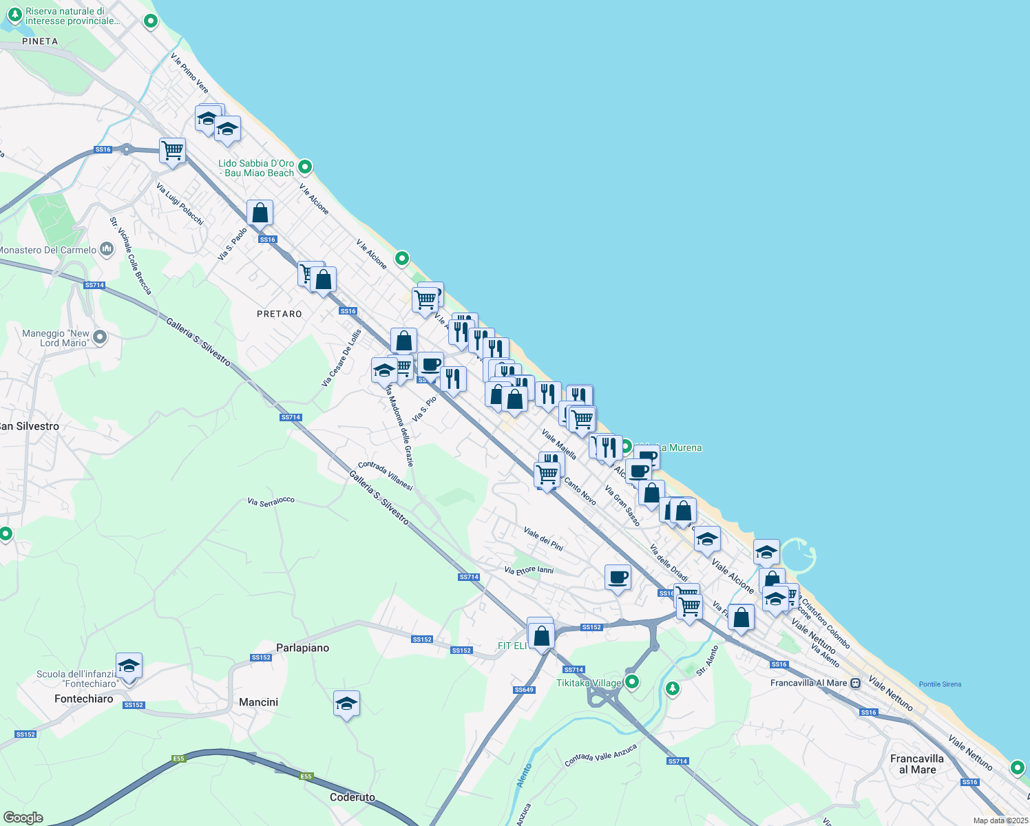 map of restaurants, bars, coffee shops, grocery stores, and more near 2D Via Monte Corno in Francavilla al Mare