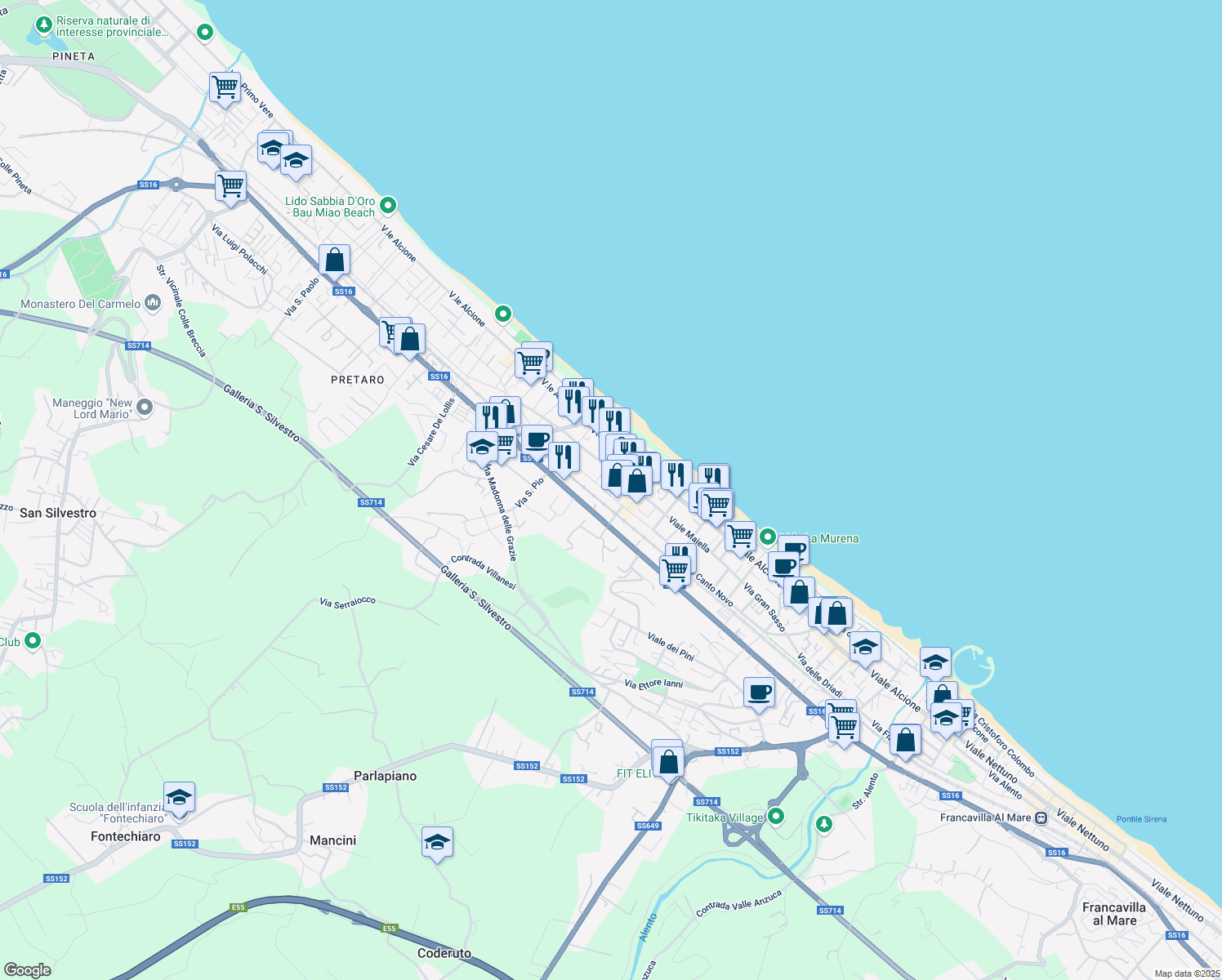 map of restaurants, bars, coffee shops, grocery stores, and more near 100 Via Nazionale Adriatica Nord in Francavilla al Mare