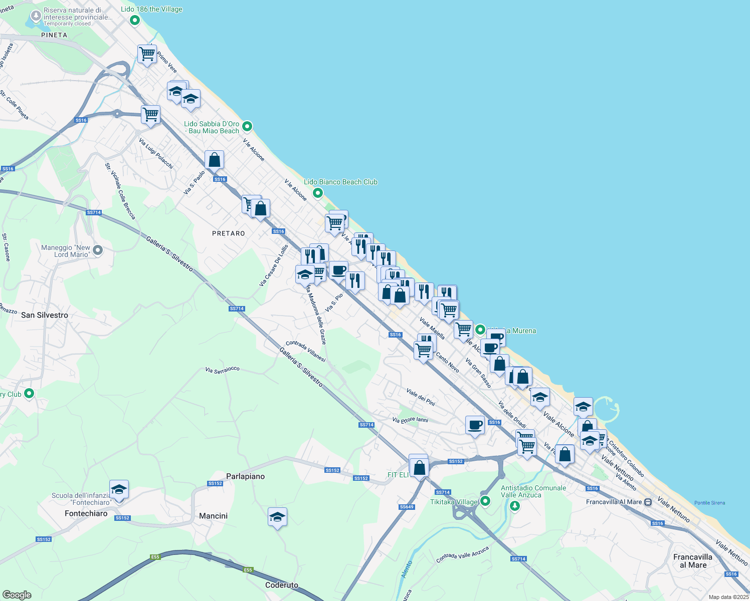 map of restaurants, bars, coffee shops, grocery stores, and more near 100 Via Nazionale Adriatica Nord in Francavilla al Mare