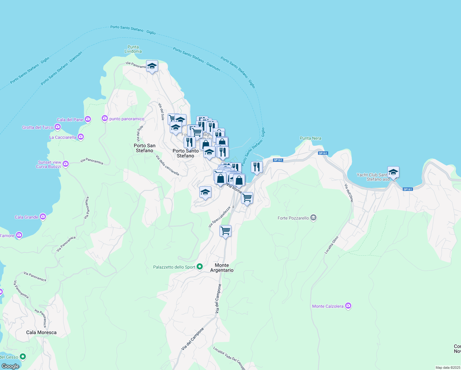 map of restaurants, bars, coffee shops, grocery stores, and more near 22 Via Roma in Porto Santo Stefano