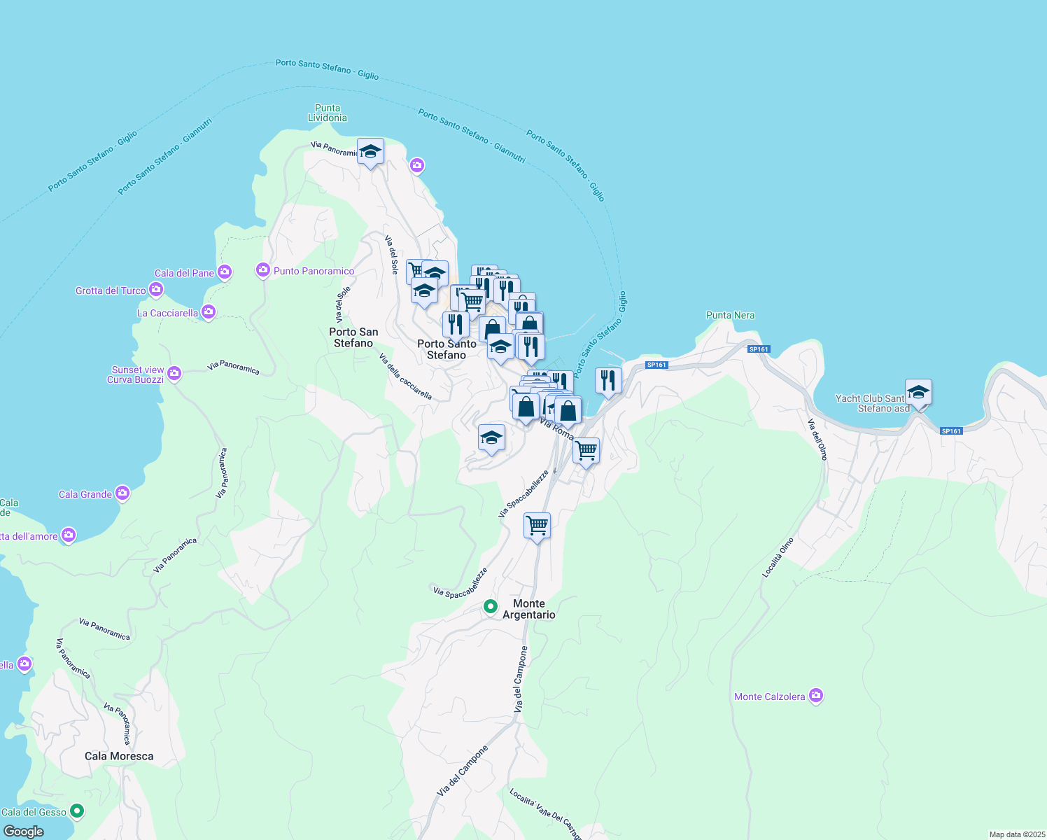 map of restaurants, bars, coffee shops, grocery stores, and more near 43 Via Panoramica in Porto Santo Stefano