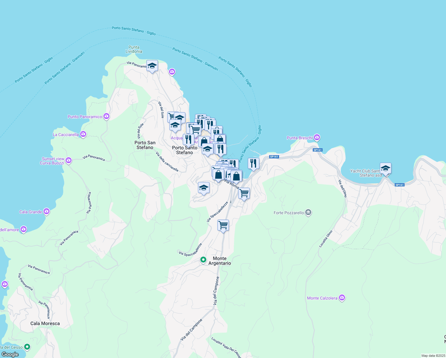 map of restaurants, bars, coffee shops, grocery stores, and more near Via Scarabelli in Porto Santo Stefano