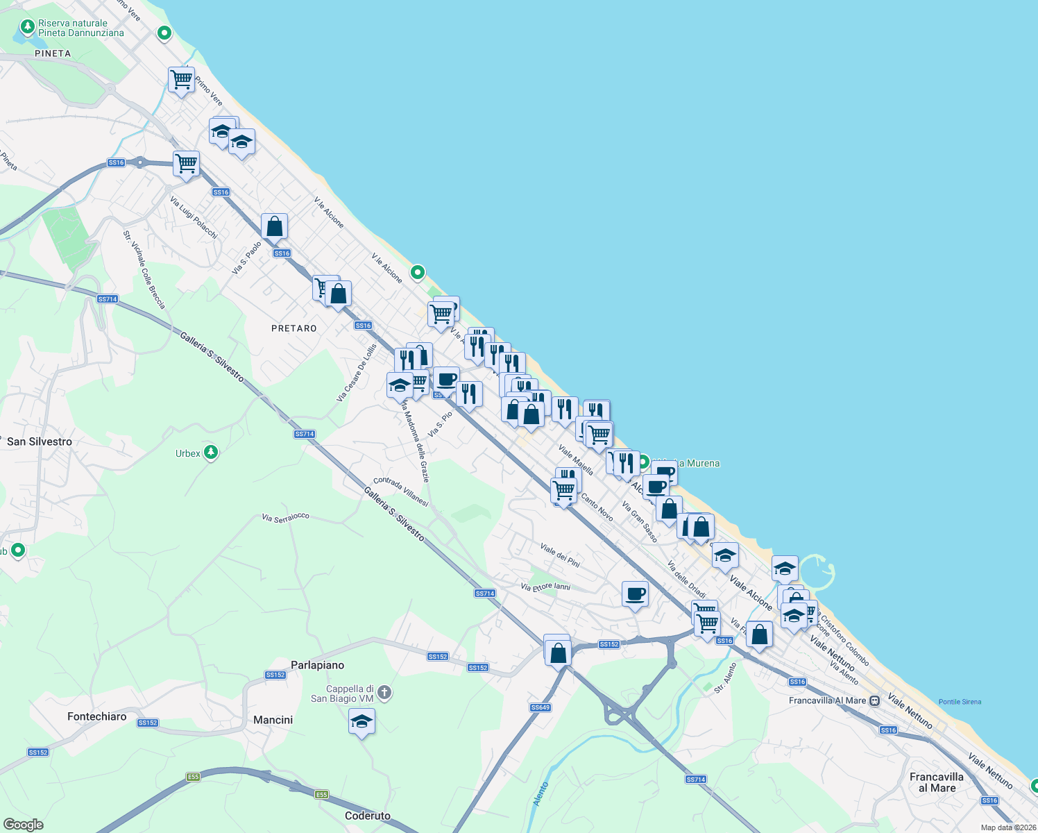 map of restaurants, bars, coffee shops, grocery stores, and more near 2D Via Monte Corno in Francavilla al Mare