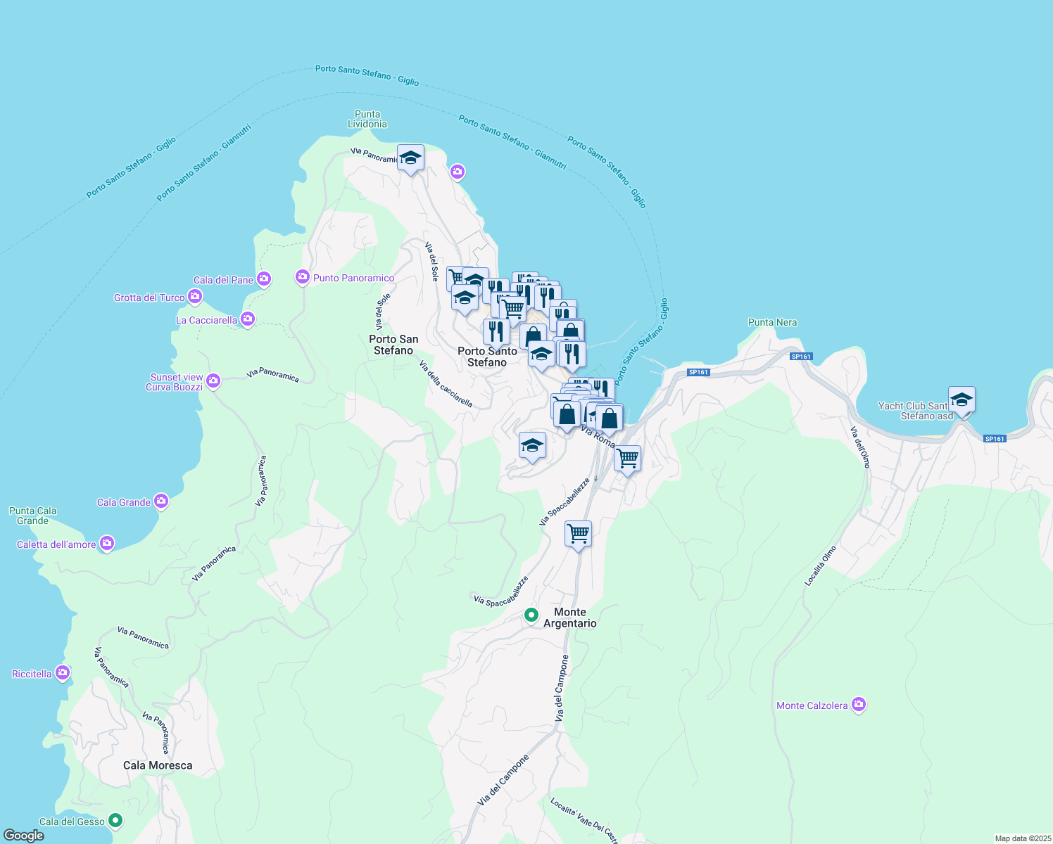 map of restaurants, bars, coffee shops, grocery stores, and more near 25 Via dell’ Appetito in Porto Santo Stefano