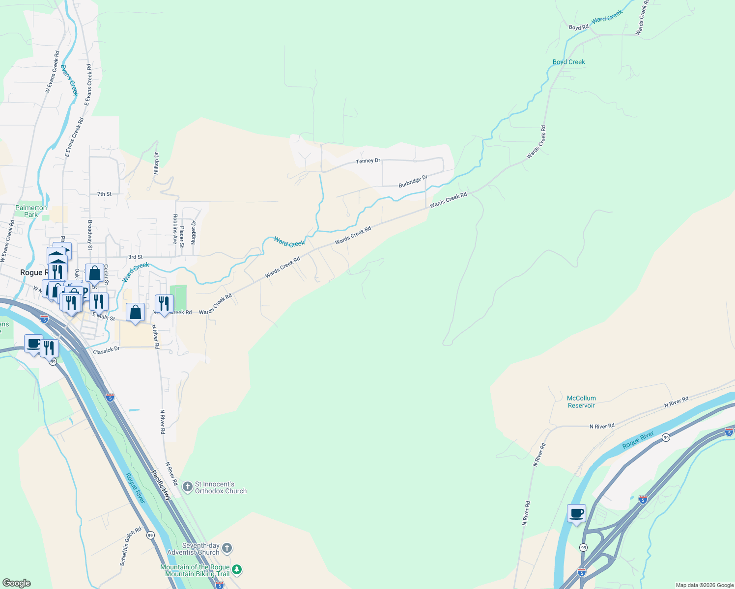 map of restaurants, bars, coffee shops, grocery stores, and more near 1040 Wards Creek Road in Rogue River