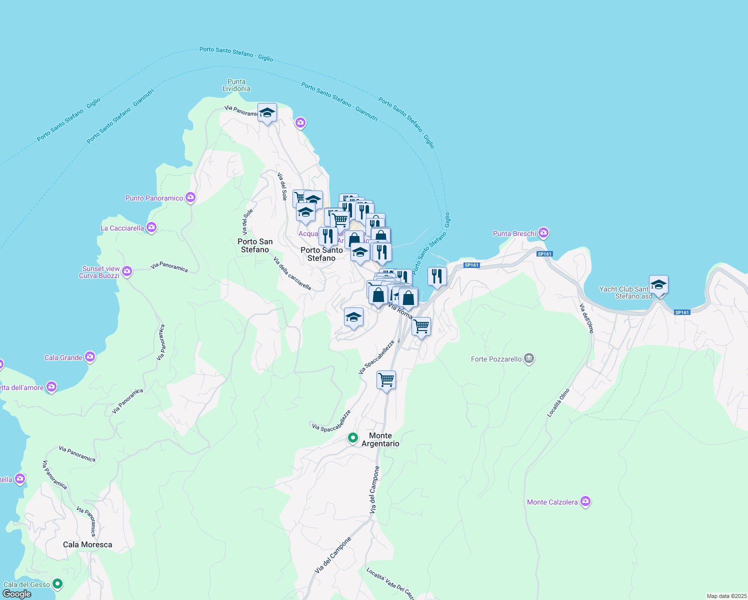 map of restaurants, bars, coffee shops, grocery stores, and more near 43 Via Panoramica in Porto Santo Stefano