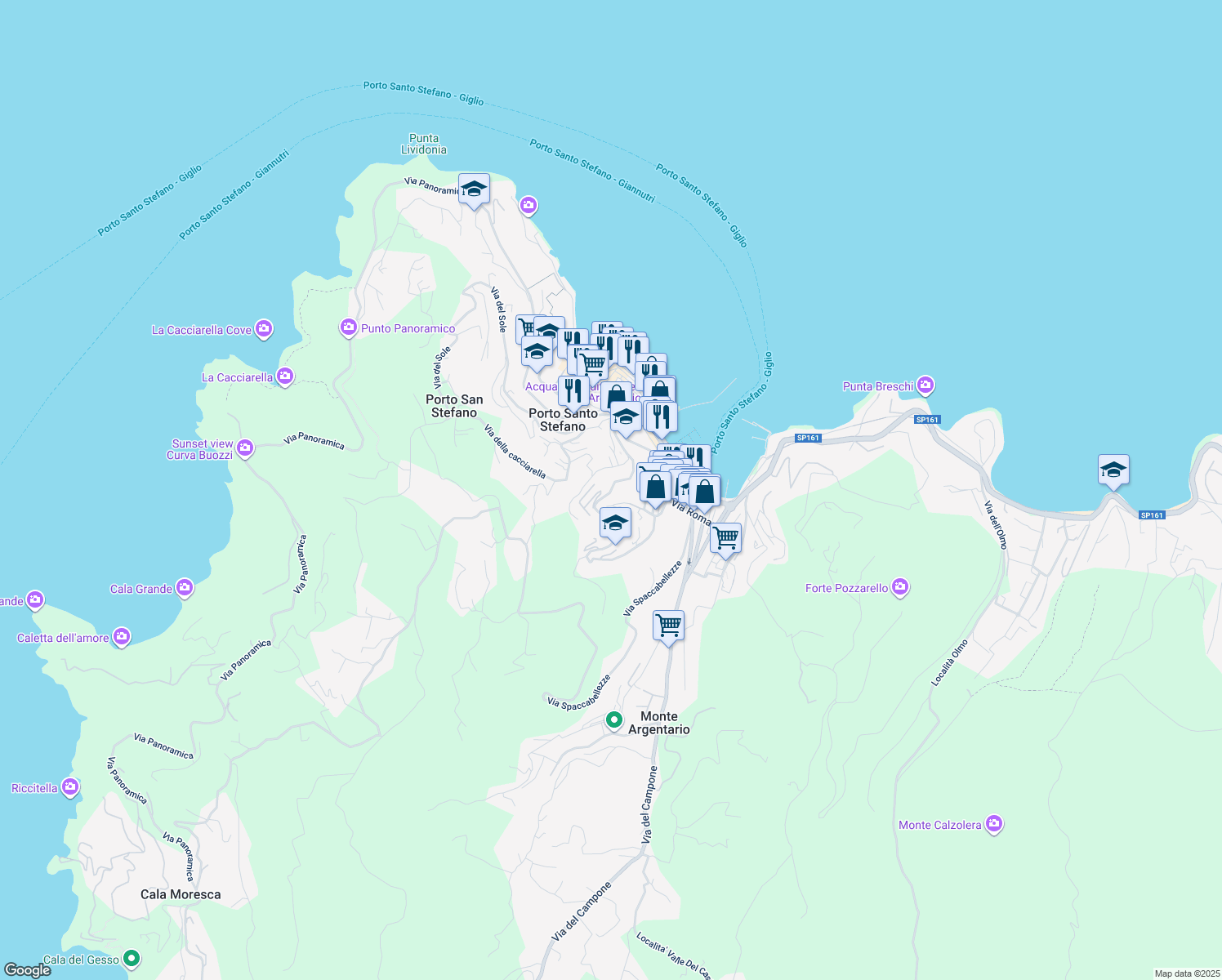 map of restaurants, bars, coffee shops, grocery stores, and more near 25 via appetito alto in Porto Santo Stefano