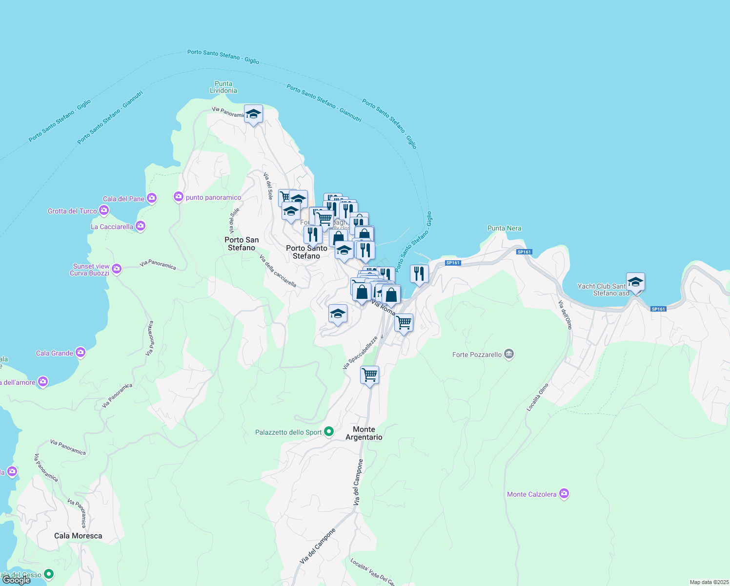 map of restaurants, bars, coffee shops, grocery stores, and more near 43 Via Panoramica in Porto Santo Stefano