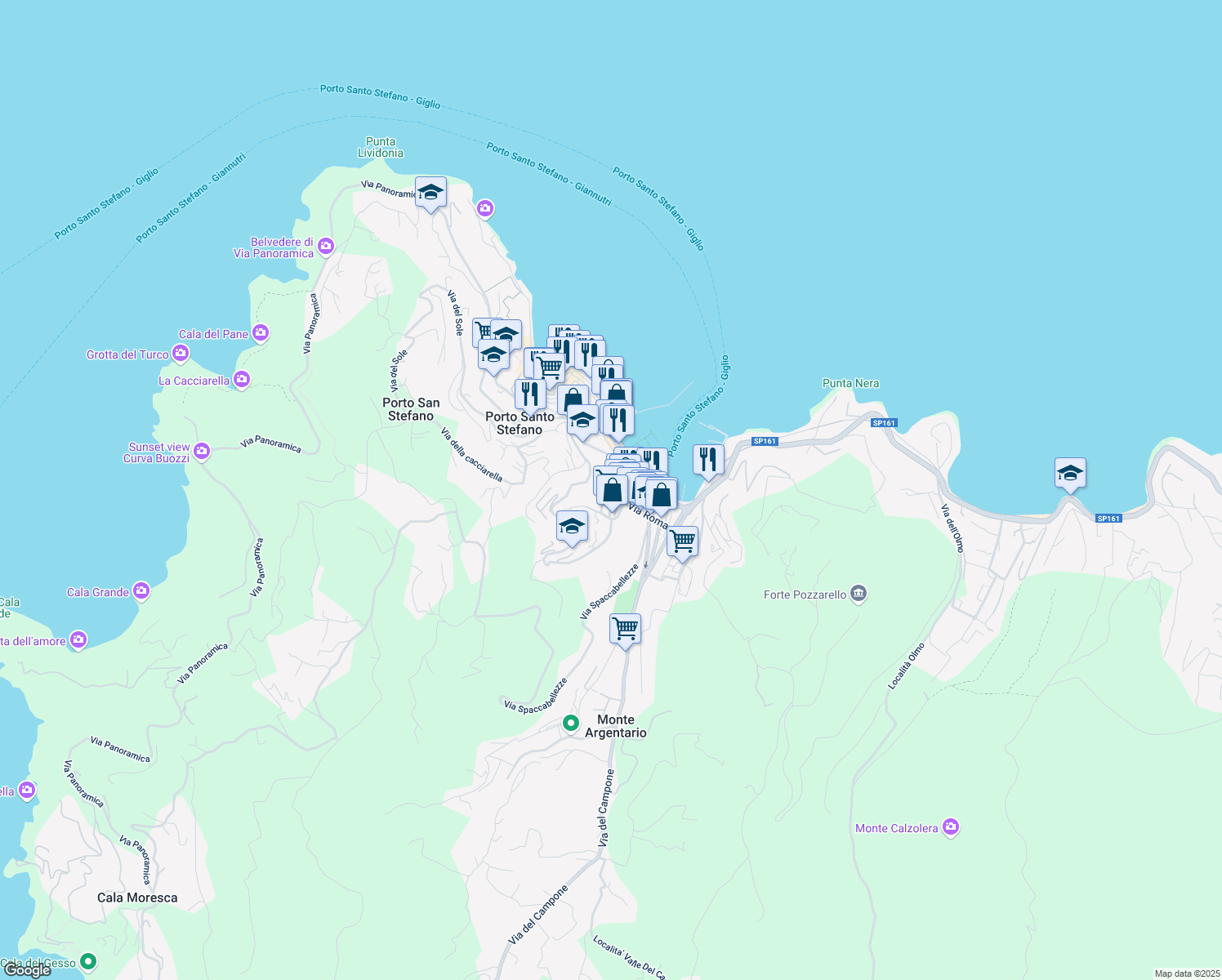 map of restaurants, bars, coffee shops, grocery stores, and more near 43 Via Panoramica in Porto Santo Stefano