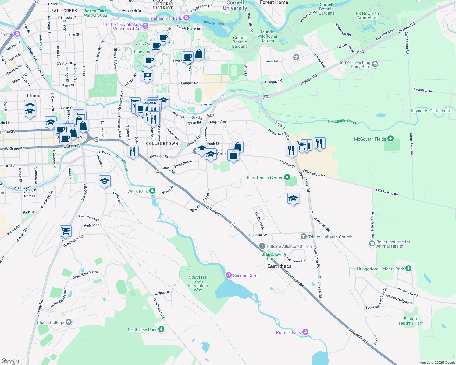 map of restaurants, bars, coffee shops, grocery stores, and more near 105 Homestead Terrace in Ithaca