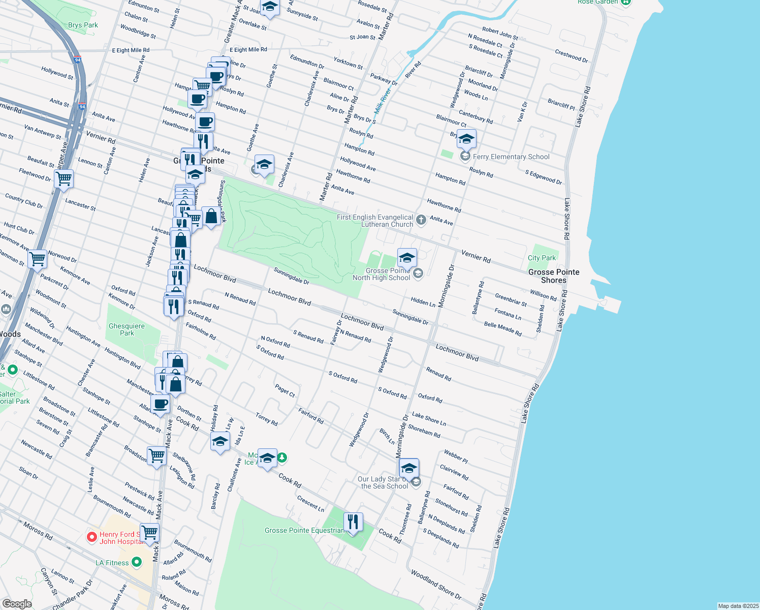 map of restaurants, bars, coffee shops, grocery stores, and more near 880 Sunningdale Drive in Grosse Pointe Woods