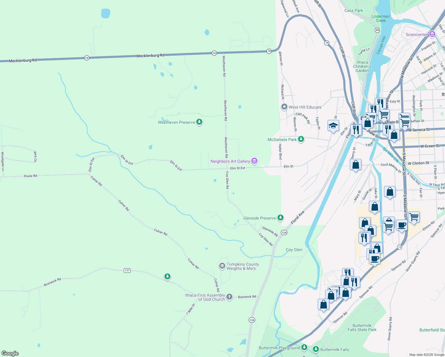 map of restaurants, bars, coffee shops, grocery stores, and more near 280 Coy Glen Rd in Ithaca