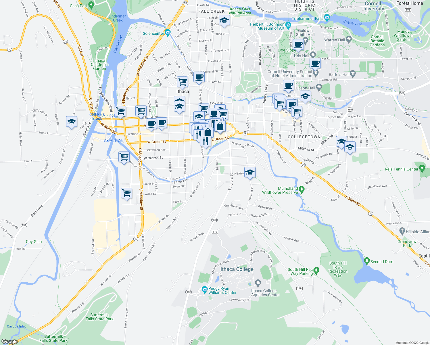 map of restaurants, bars, coffee shops, grocery stores, and more near 203 S Hill Terrace in Ithaca
