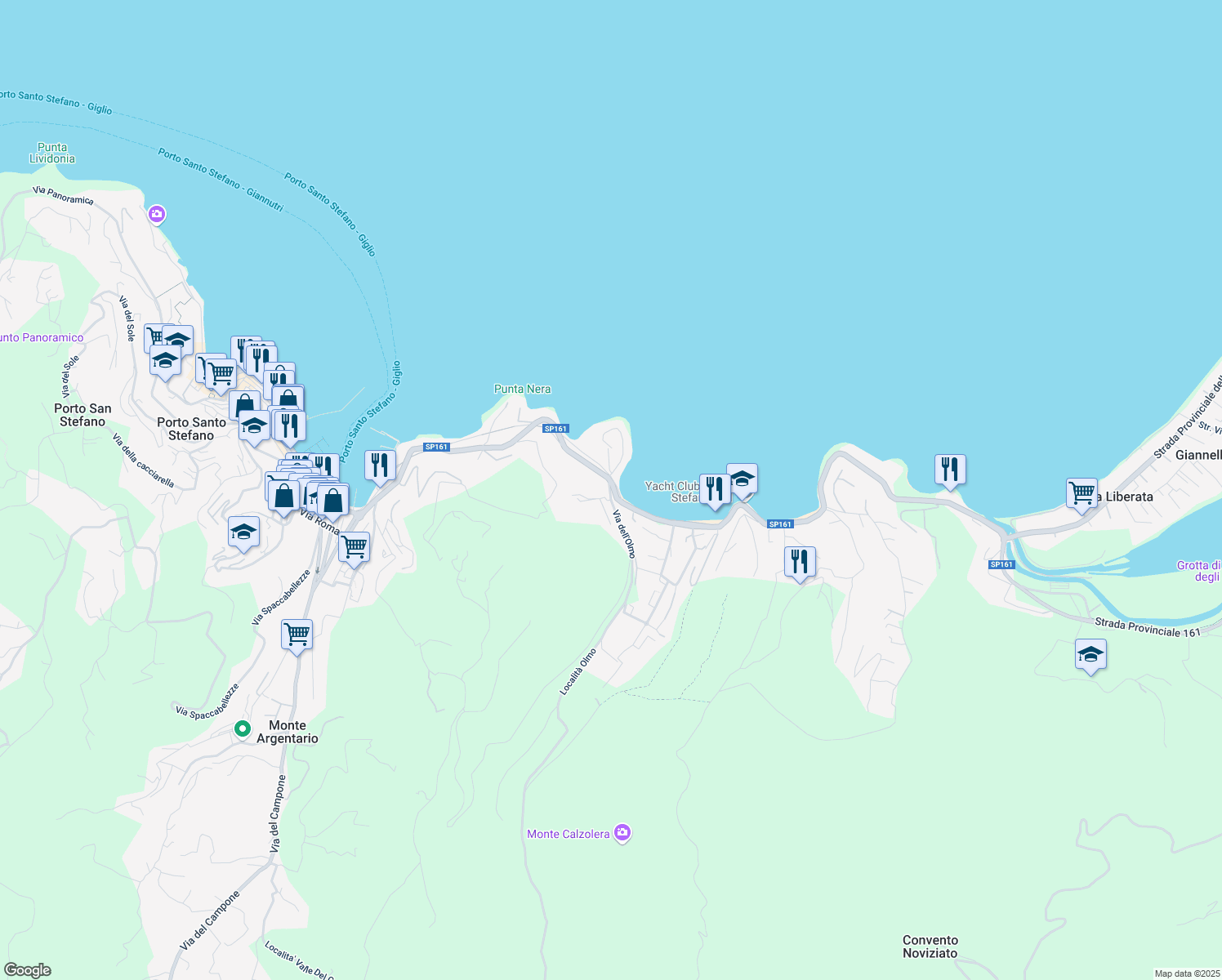 map of restaurants, bars, coffee shops, grocery stores, and more near 3 Via dell'Olmo in Porto Santo Stefano