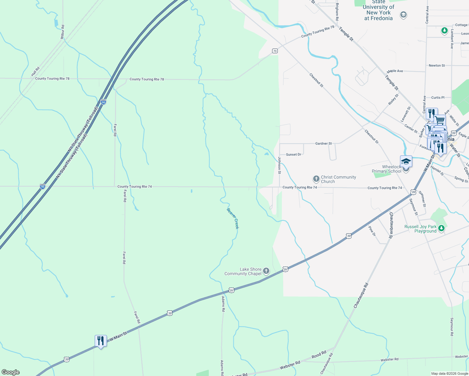 map of restaurants, bars, coffee shops, grocery stores, and more near 4611 Berry Road in Fredonia