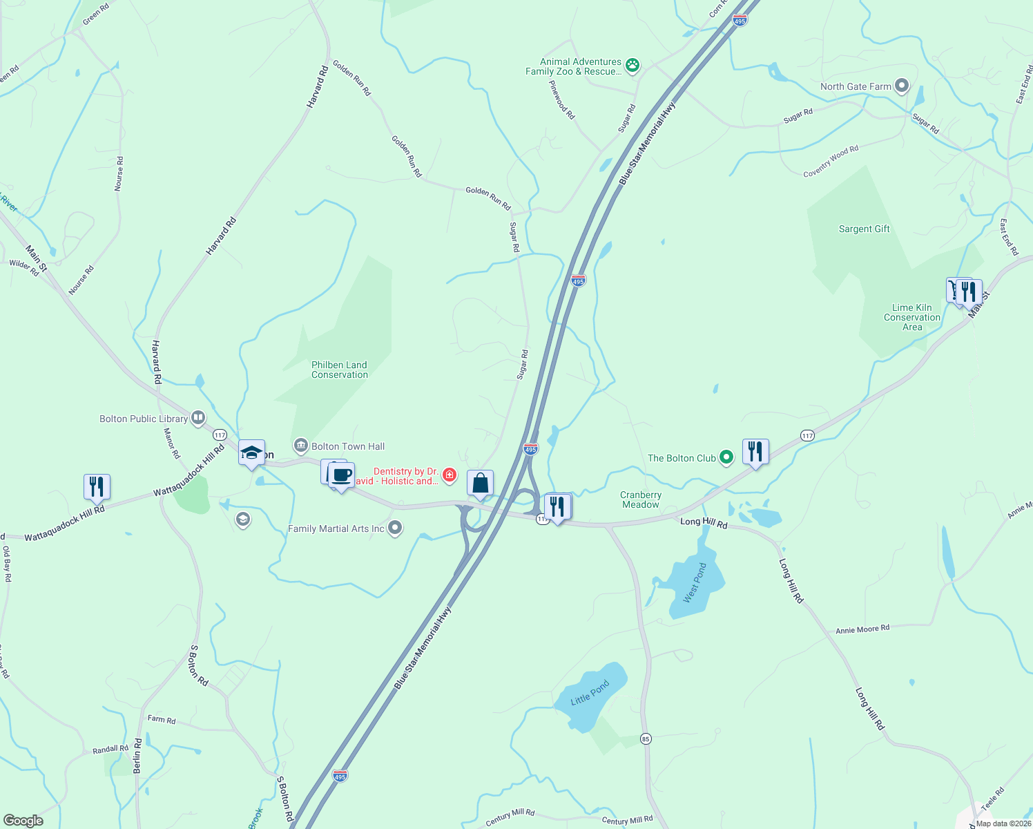 map of restaurants, bars, coffee shops, grocery stores, and more near 103 Sugar Road in Bolton