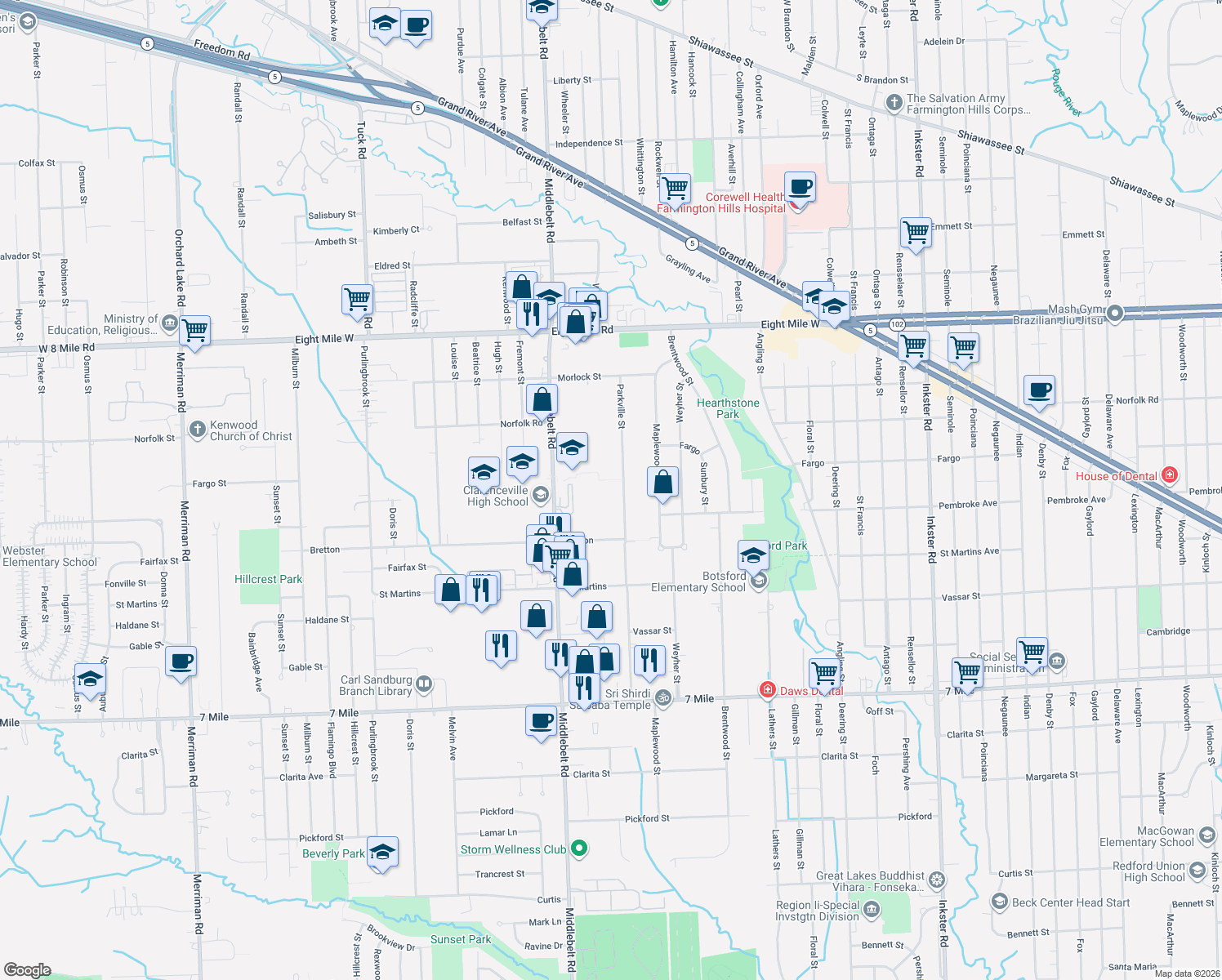 map of restaurants, bars, coffee shops, grocery stores, and more near 19907 Parkville Street in Livonia