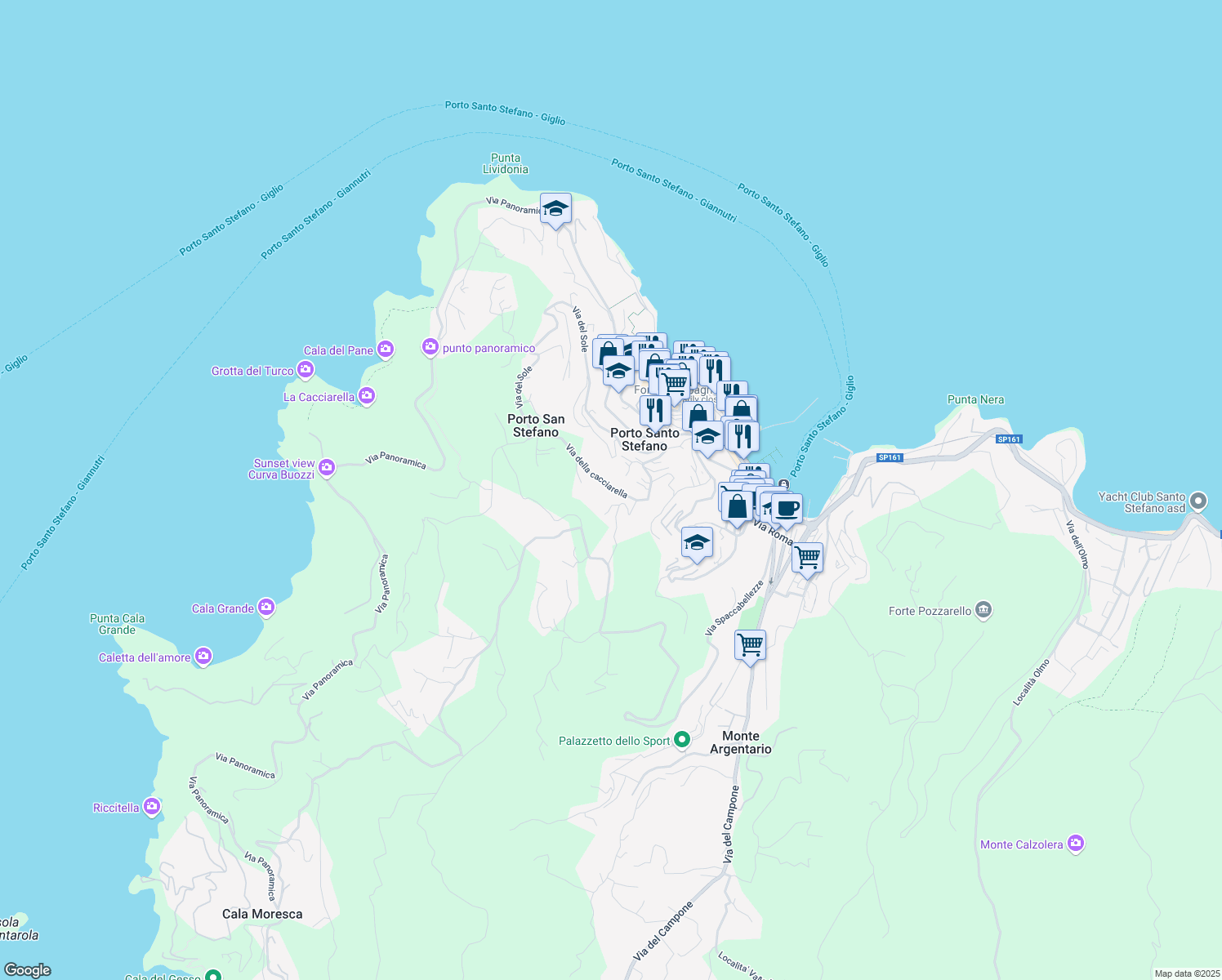 map of restaurants, bars, coffee shops, grocery stores, and more near 100 Via della Grotta in Porto Santo Stefano