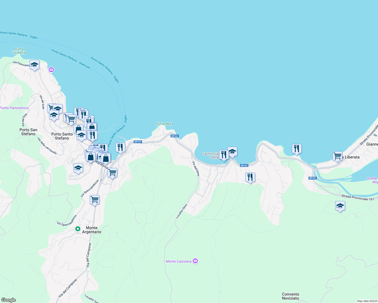 map of restaurants, bars, coffee shops, grocery stores, and more near 3 Via dell'Olmo in Porto Santo Stefano