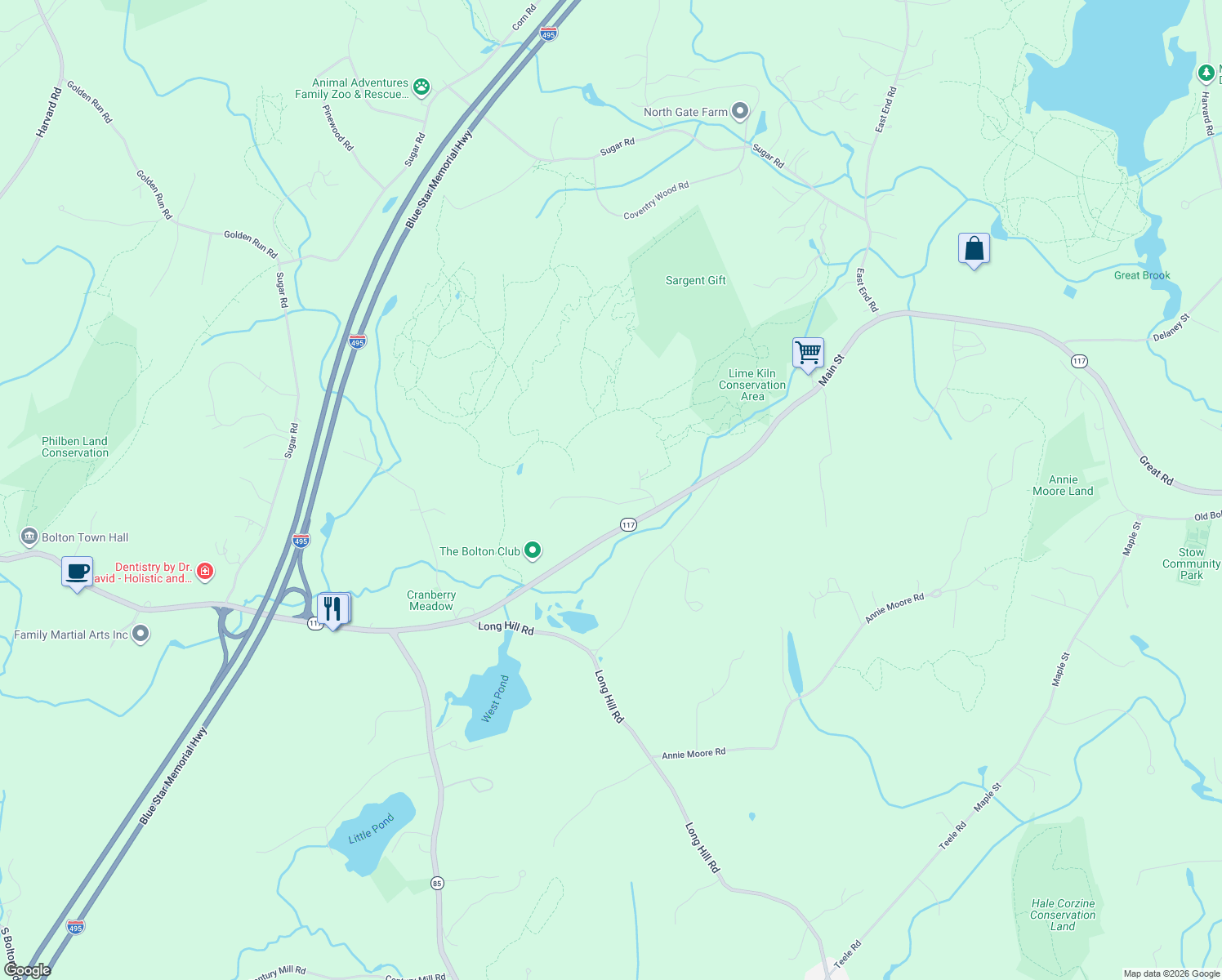 map of restaurants, bars, coffee shops, grocery stores, and more near 277 Main Street in Bolton