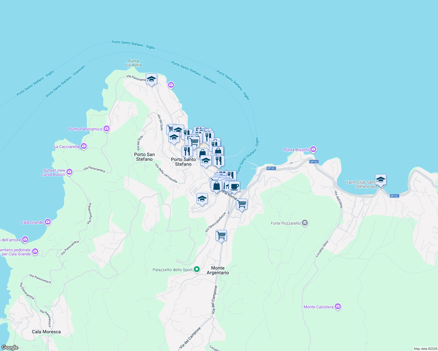 map of restaurants, bars, coffee shops, grocery stores, and more near 22 Viale Barellai in Porto Santo Stefano