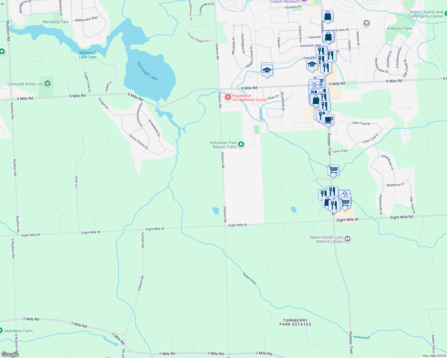 map of restaurants, bars, coffee shops, grocery stores, and more near 21321 Dixboro Road in South Lyon