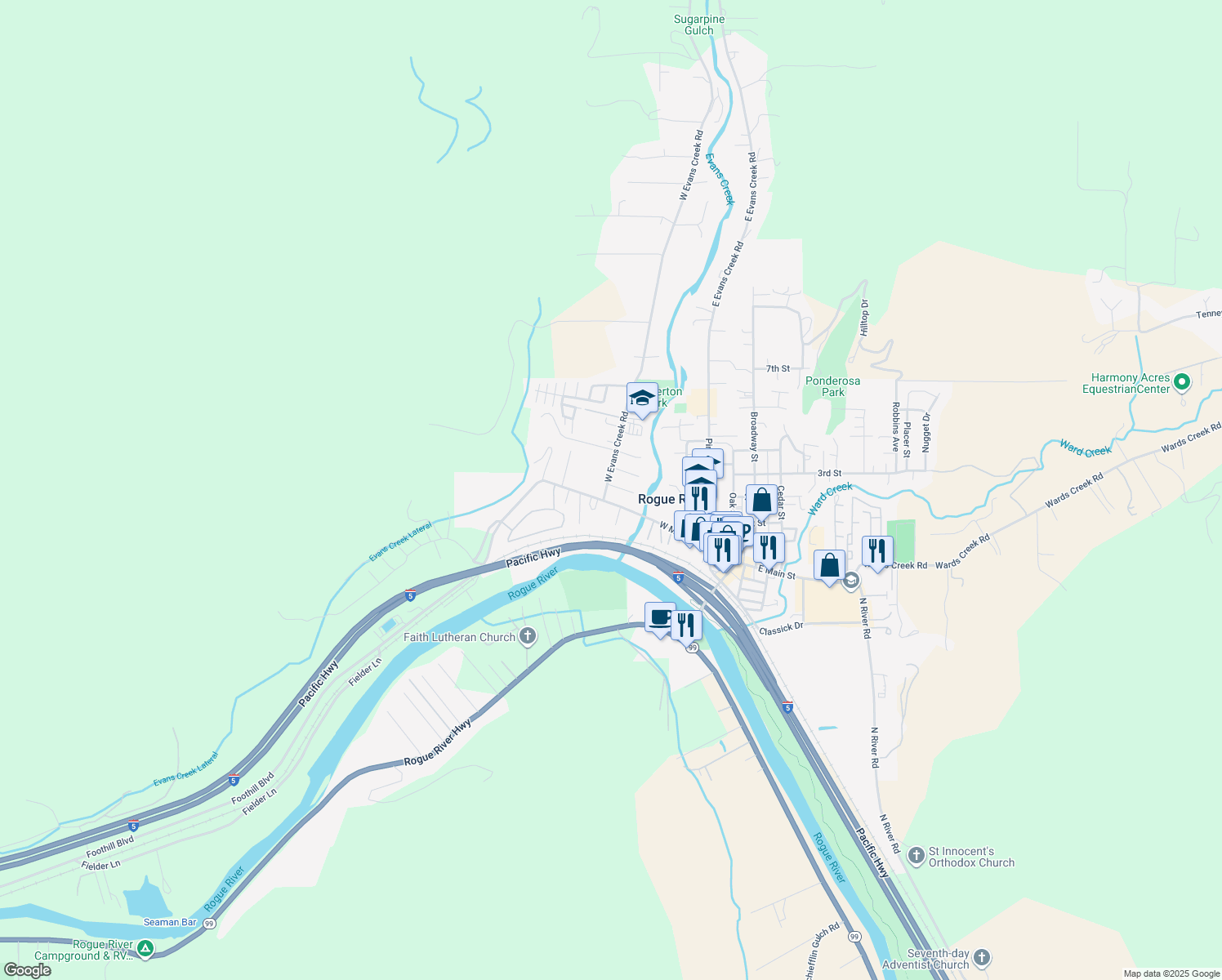 map of restaurants, bars, coffee shops, grocery stores, and more near 100 Hickory Drive in Rogue River
