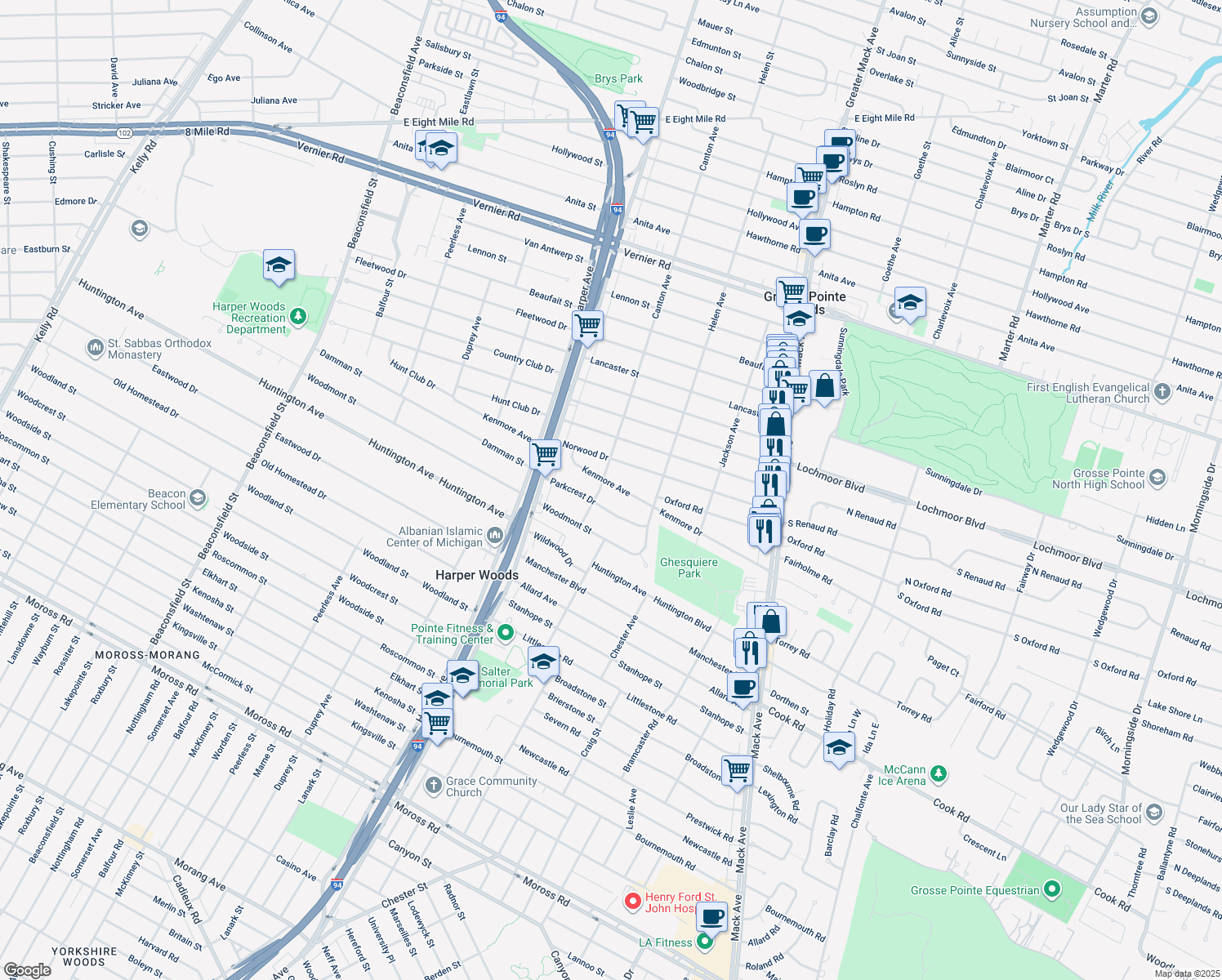 map of restaurants, bars, coffee shops, grocery stores, and more near 21120 Kenmore Avenue in Harper Woods