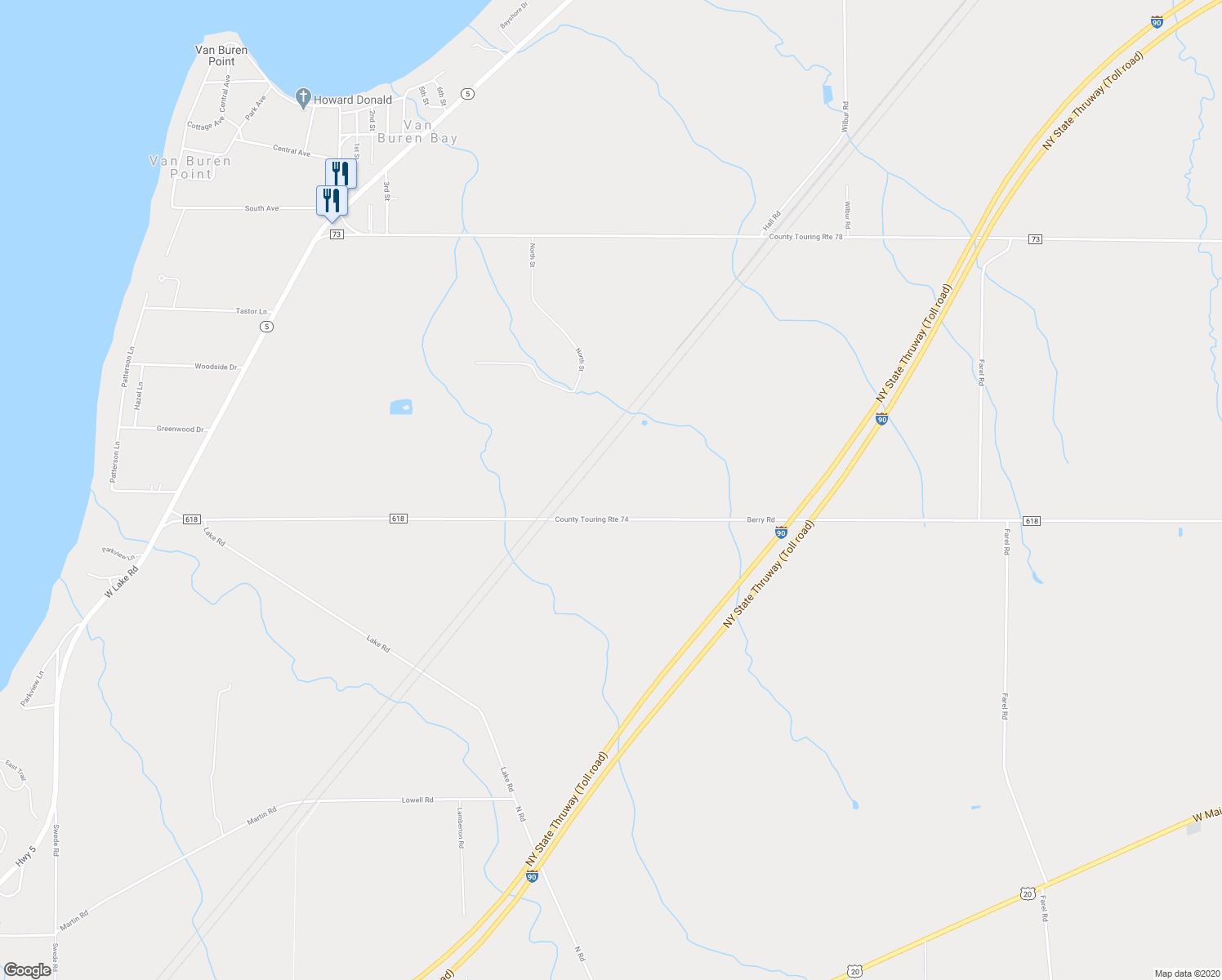 map of restaurants, bars, coffee shops, grocery stores, and more near 5110 Berry Road in Fredonia