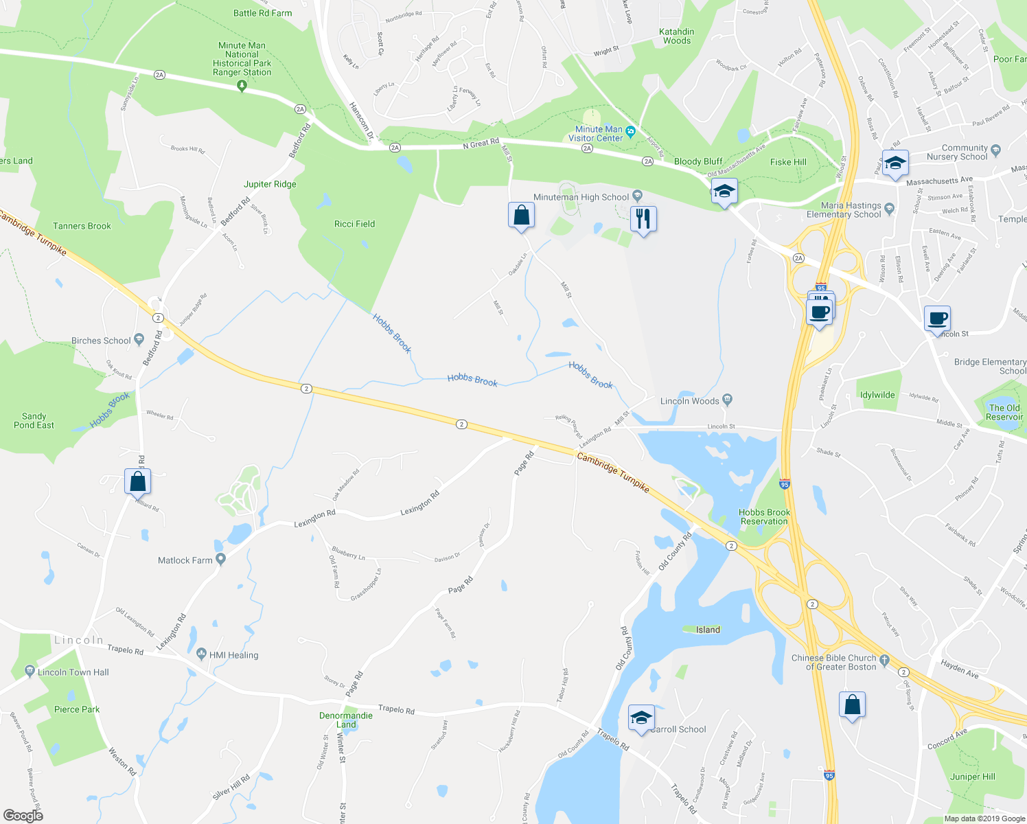 map of restaurants, bars, coffee shops, grocery stores, and more near 10 Reiling Pond Road in Lincoln