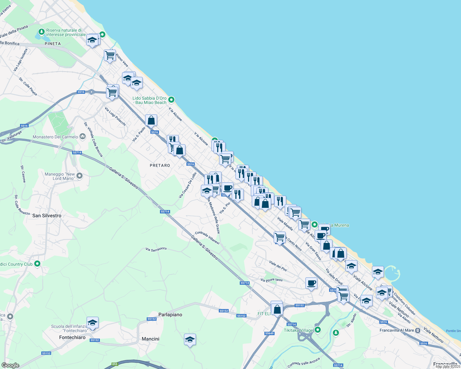 map of restaurants, bars, coffee shops, grocery stores, and more near 16 Via delle Napee in Francavilla al Mare