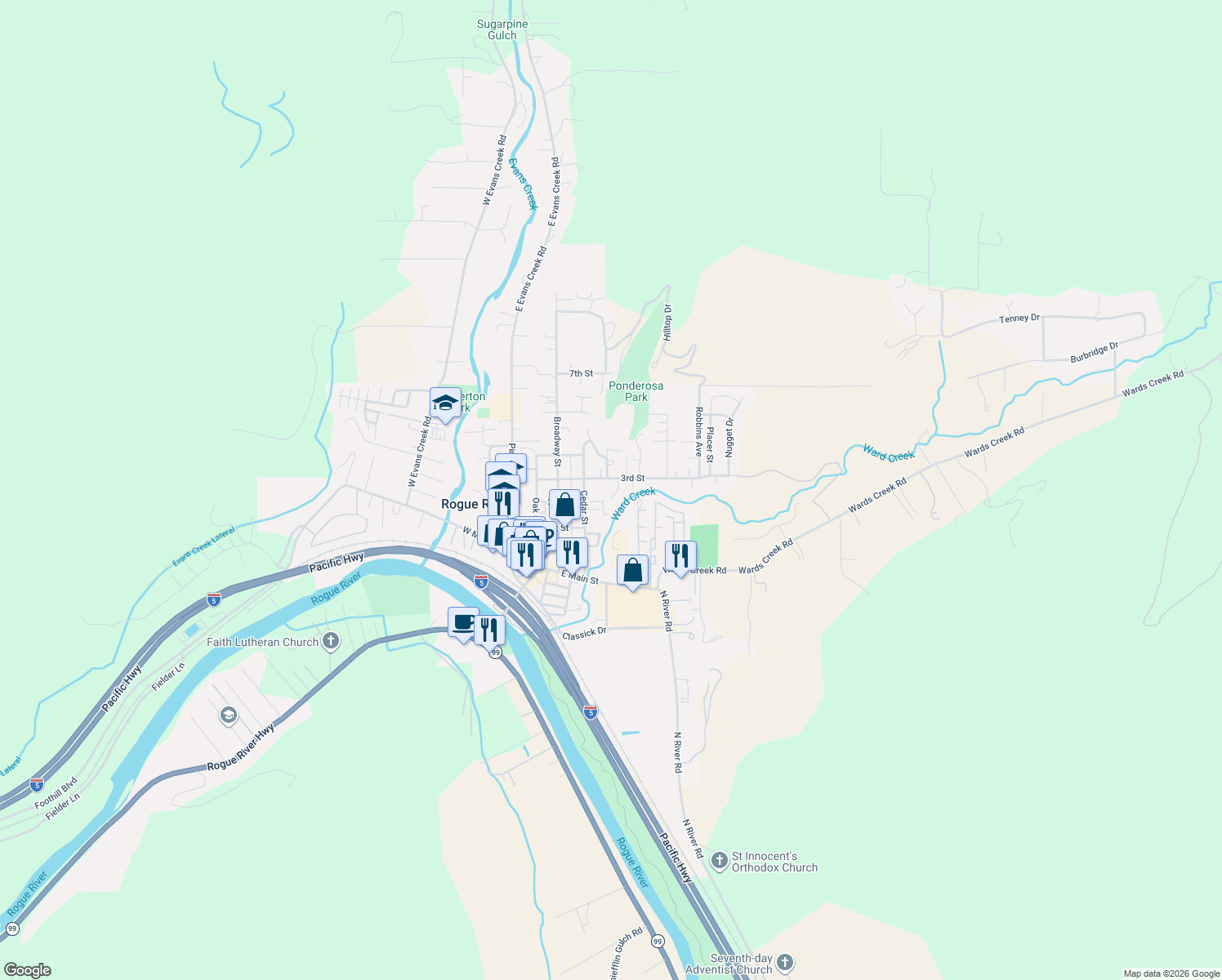map of restaurants, bars, coffee shops, grocery stores, and more near 102 Brolin Ct in Rogue River