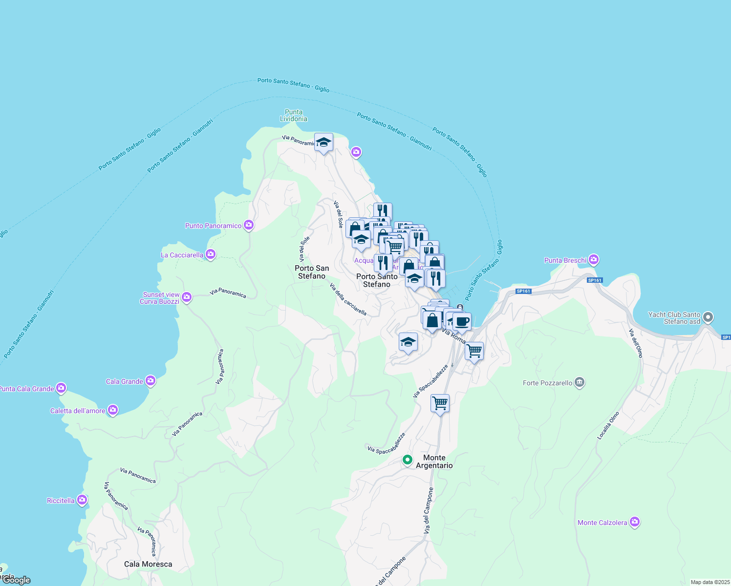 map of restaurants, bars, coffee shops, grocery stores, and more near 11 Via della cacciarella in Porto Santo Stefano