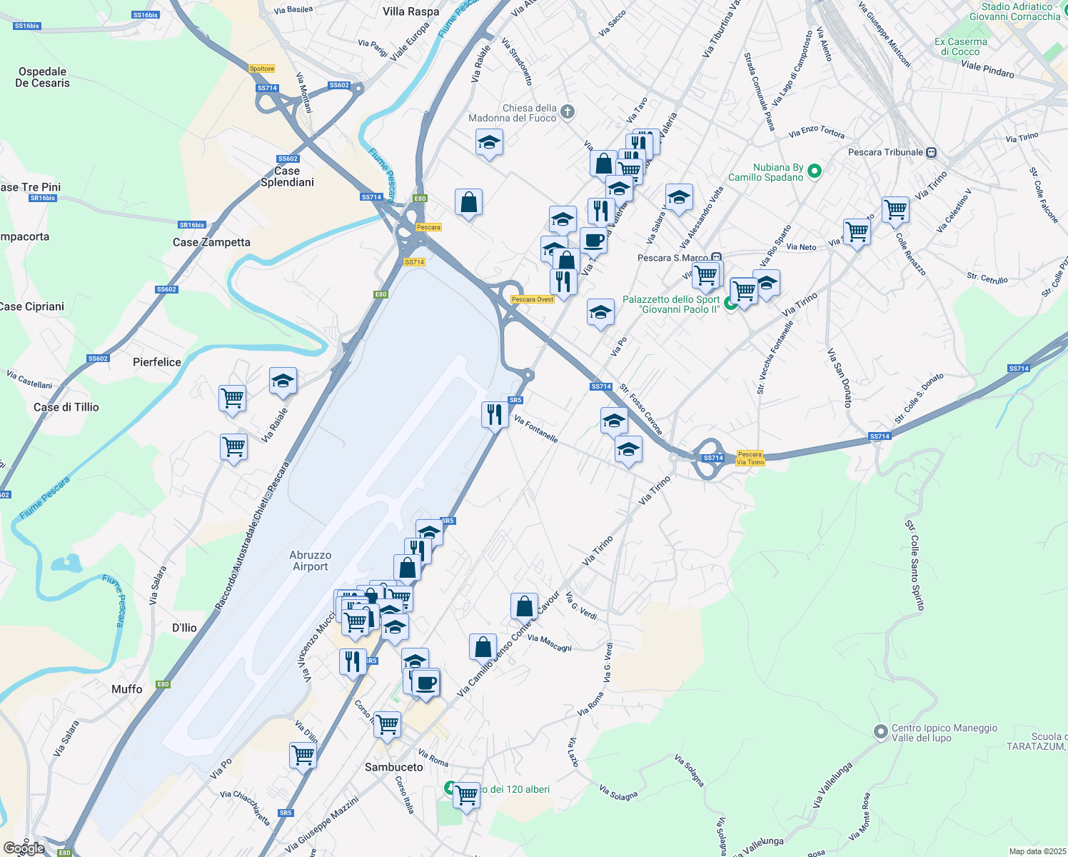 map of restaurants, bars, coffee shops, grocery stores, and more near 10 Via Fontanelle in Pescara