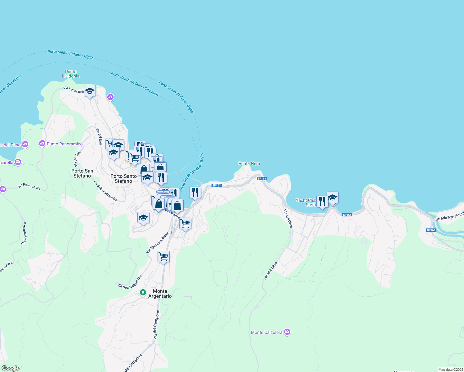 map of restaurants, bars, coffee shops, grocery stores, and more near 46 Via di Porto Santo Stefano in Porto Santo Stefano