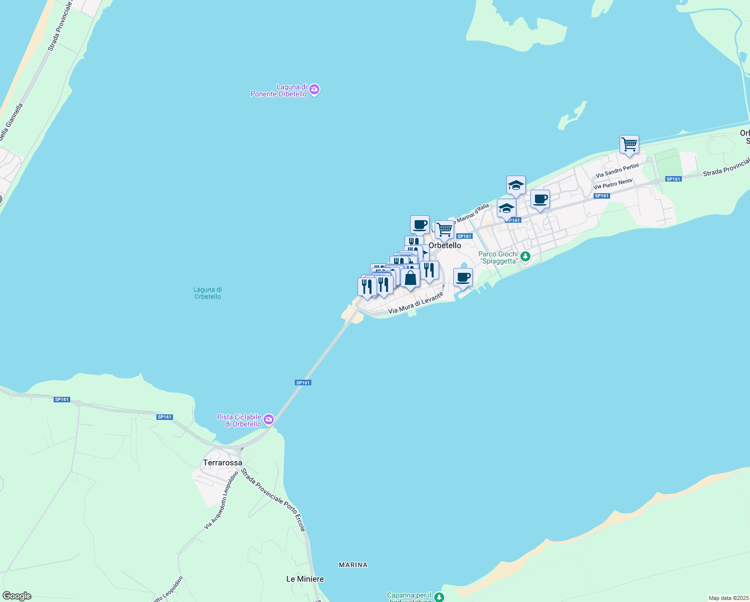 map of restaurants, bars, coffee shops, grocery stores, and more near 190 Corso Italia in Orbetello