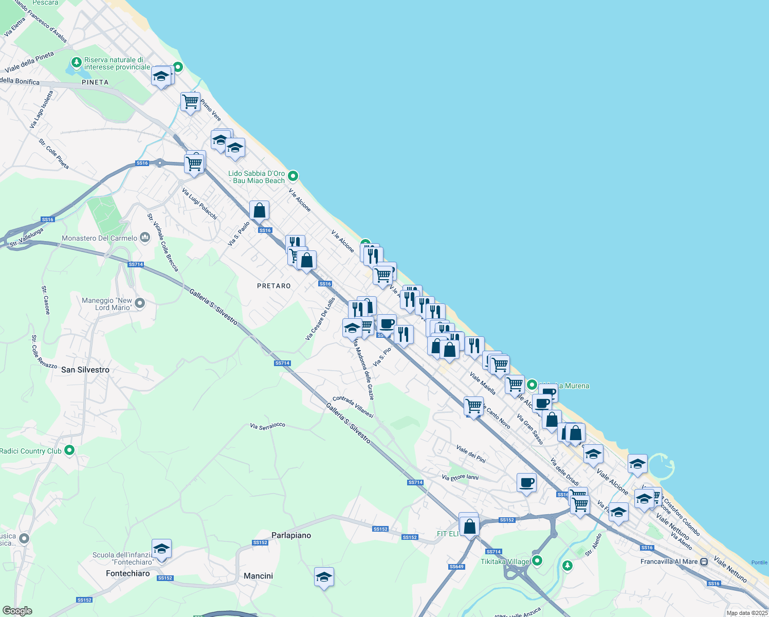 map of restaurants, bars, coffee shops, grocery stores, and more near 16 Via delle Napee in Francavilla al Mare