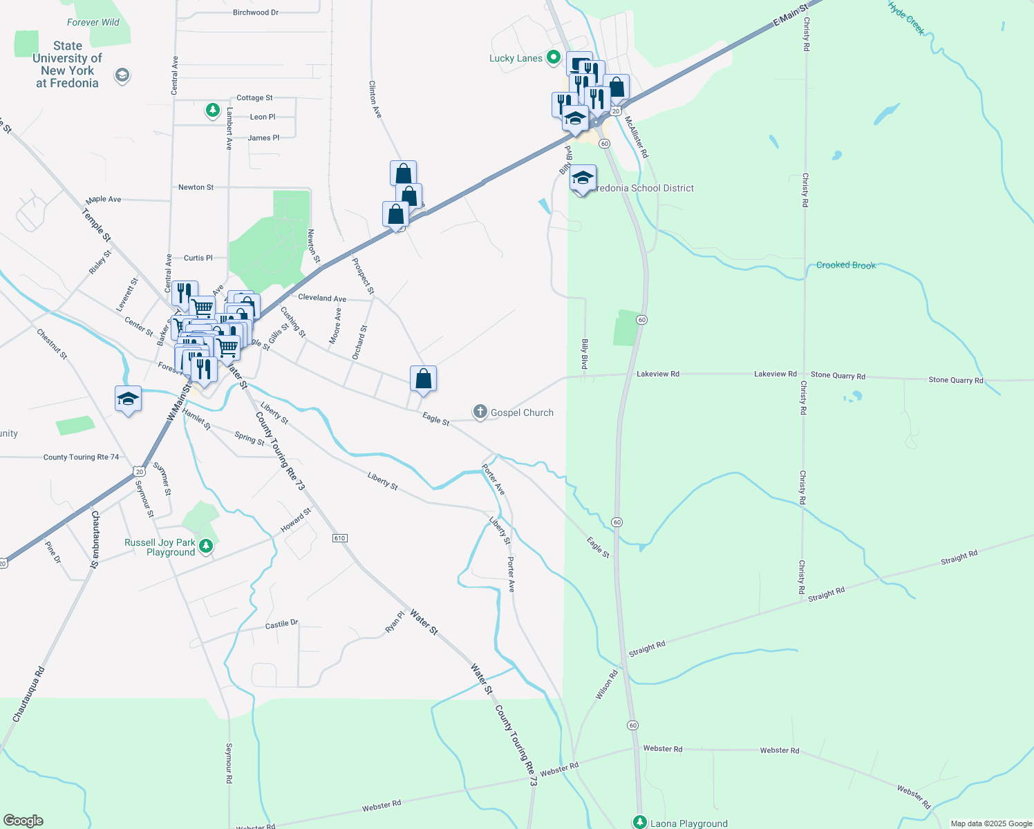 map of restaurants, bars, coffee shops, grocery stores, and more near 99 Lakeview Avenue in Fredonia