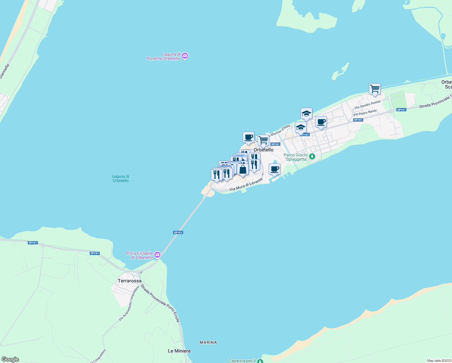 map of restaurants, bars, coffee shops, grocery stores, and more near 137 Corso Italia in Orbetello