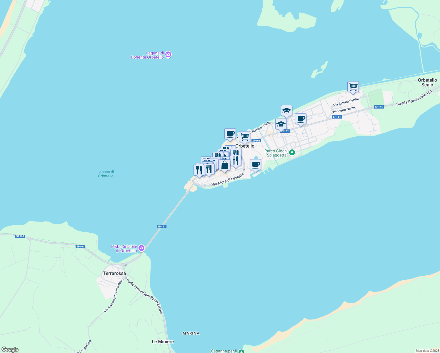 map of restaurants, bars, coffee shops, grocery stores, and more near in Orbetello